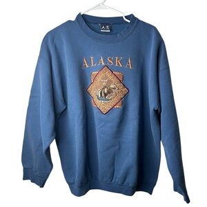 VTG AS Sports Alaska Moose‎ Sweatshirt Size L Blue Cabin Grandpa Grandma Tourist
